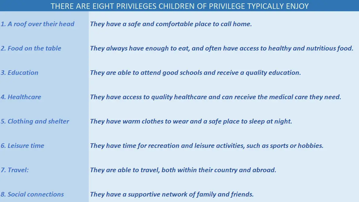 Table containing information about the 8 types of privileges children of privilege enjoy