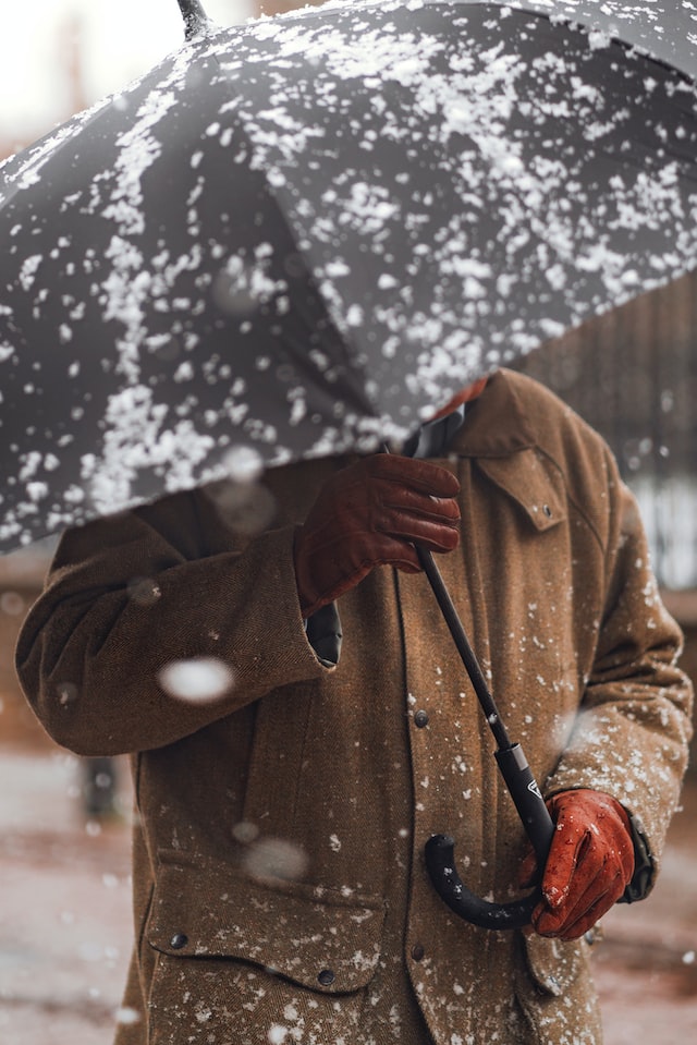 picture of a man waring a coat in snowy weather 