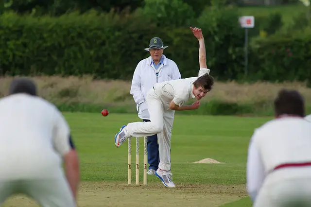 Picture of a bowler delivering a ball during a cricket match