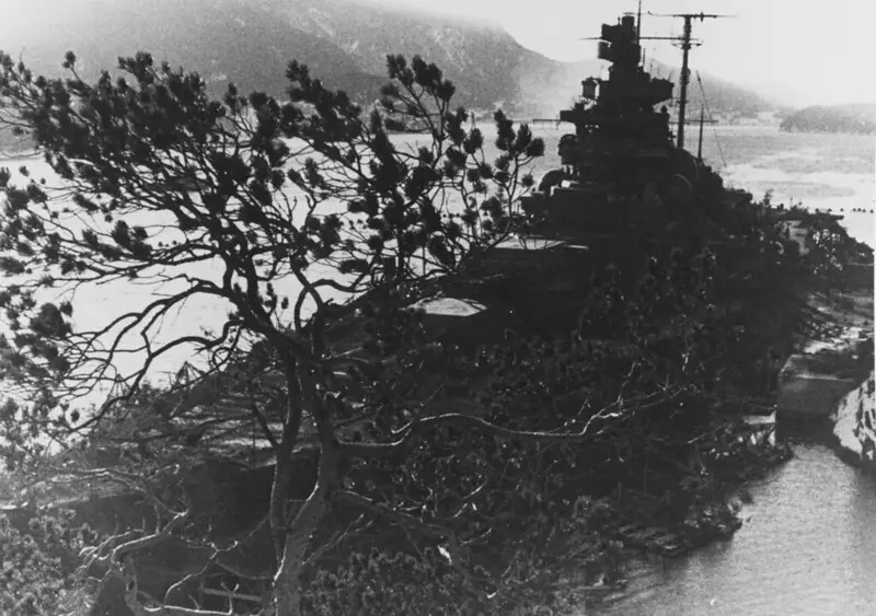 Picture of the German warship The Tirpitz Camouflaged