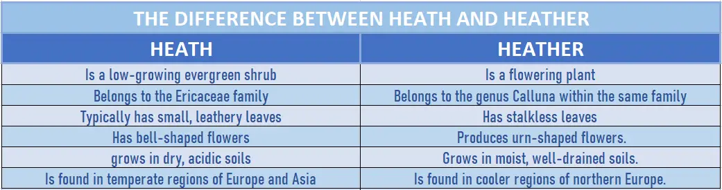Table containing details about the difference between heath and heather
