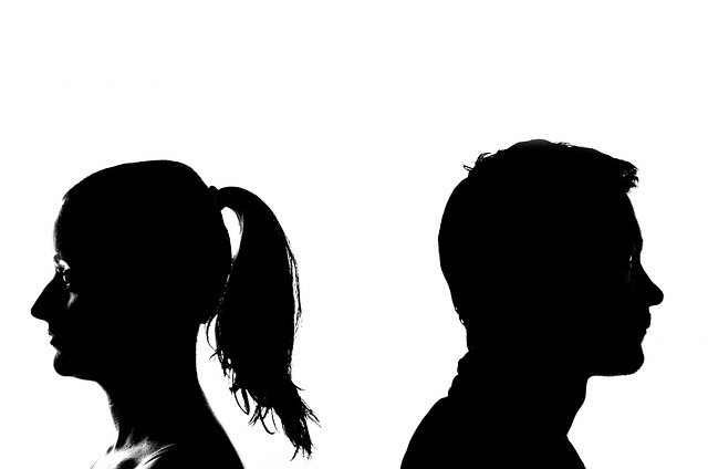 Picture of a silhouette of a man and a woman facing in opposite directions  