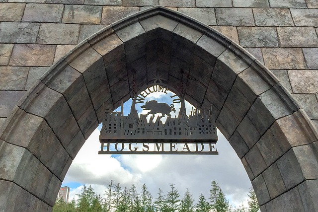 Picture of a singe board hanging at the entrance of "Hogsmeade" from the Harry Potter franchise 