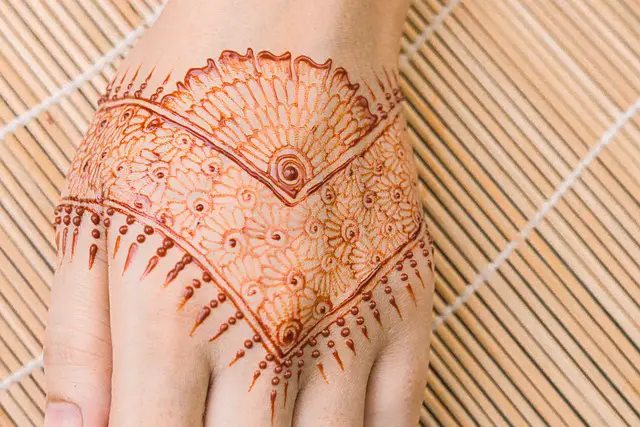 Picture of a hand painted with dyed ink (Henna)
