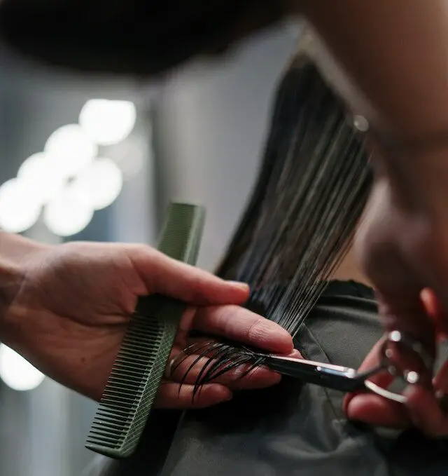 picture of a stylist cutting a clients hair while wet 