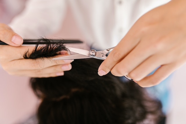 picture of a stylist cutting a clients hair while dry 