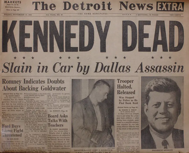 picture of a frontpage of a newspaper with the Kennedy assassination 