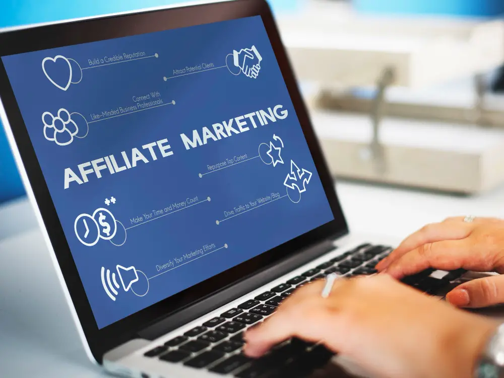 picture of a laptop screen with "affiliate marketing" on the screen