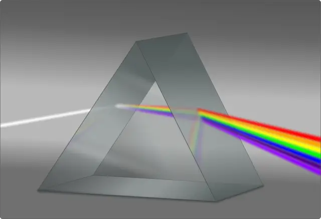 A picture showing the dispersion of a light ray as it passes through a prism.